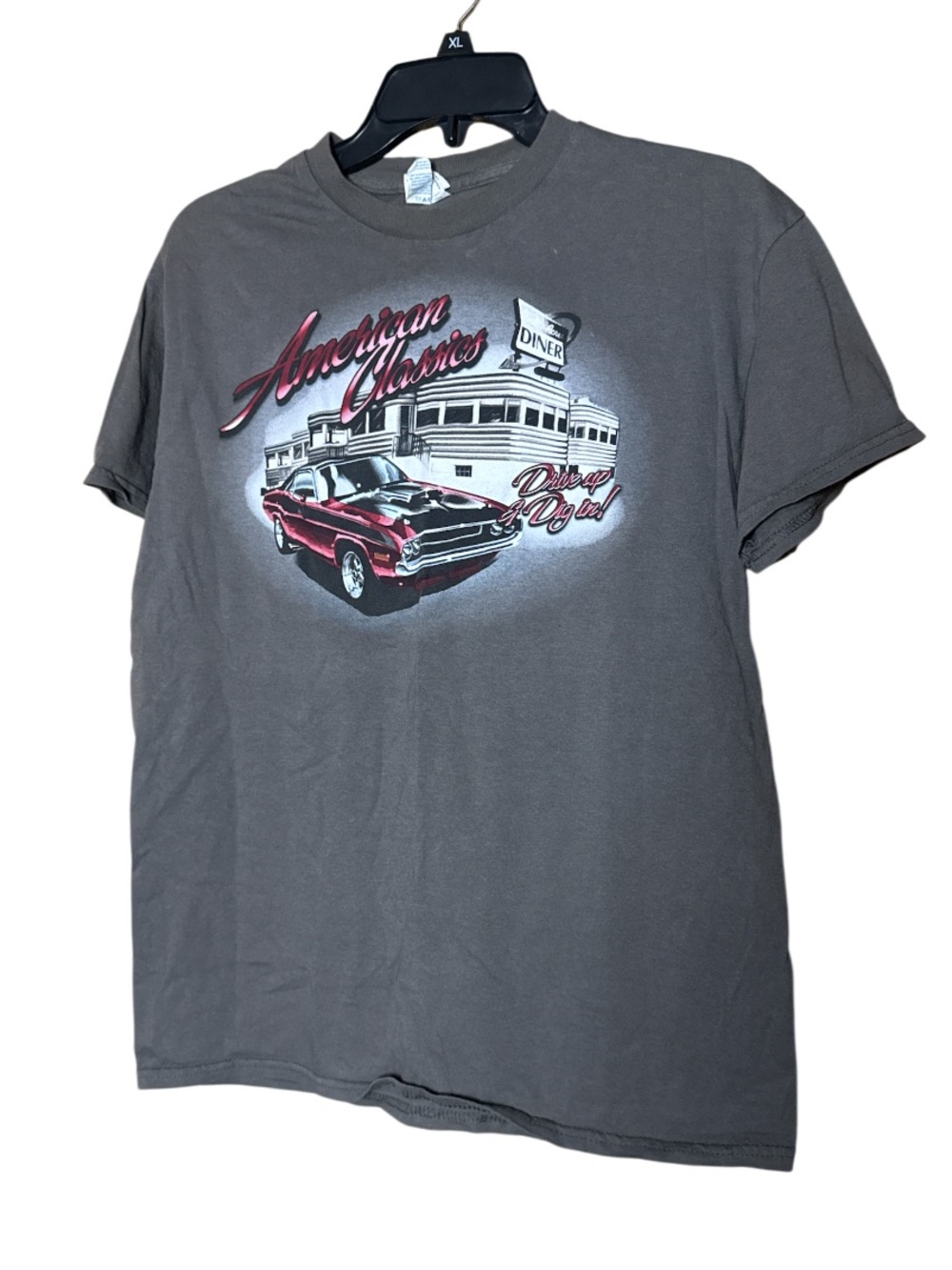 Classic Car T-Shirt Gray Graphic Tee with Red Car - Size M
